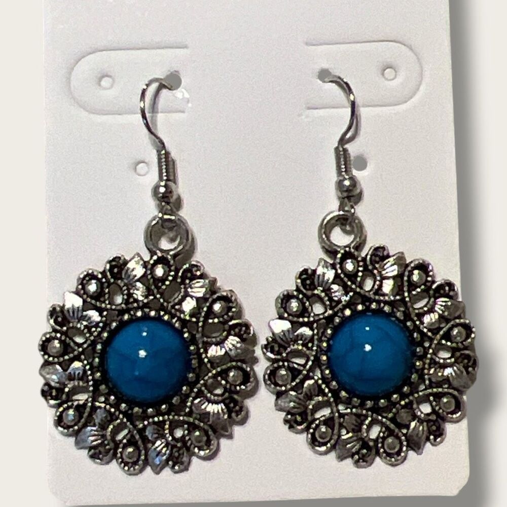 Blue Cabochon Ornate Filigree Dangle Earrings Silver Tone Boho